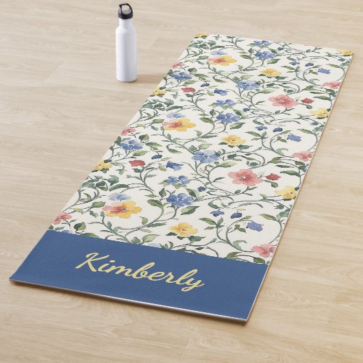 Blauw Geel Aquarel Wilde Bloem Monogram Naam Yogamat (In situ)