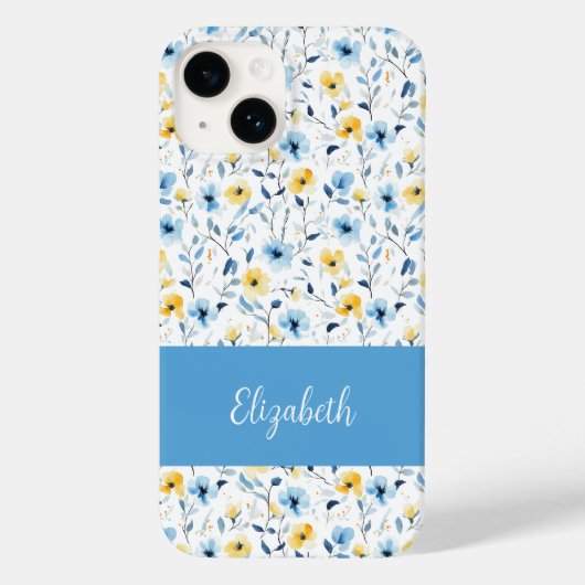 Blauw Geel Aquarel Wilde Bloem Naam Case-Mate iPhone Case (Achterkant)
