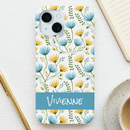Blauw Geel Aquarel Wilde Bloem Naam iPhone 15 Case