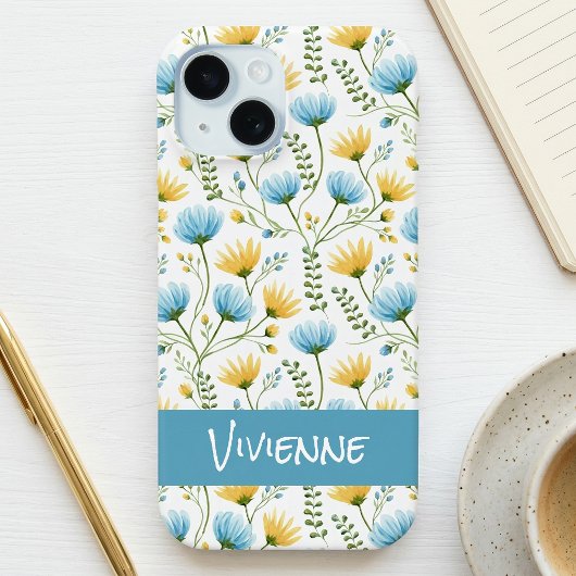 Blauw Geel Aquarel Wilde Bloem Naam Case-Mate iPhone Case