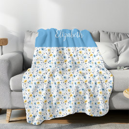 Blauw Geel Aquarel Wilde Bloem Naam Fleece Deken