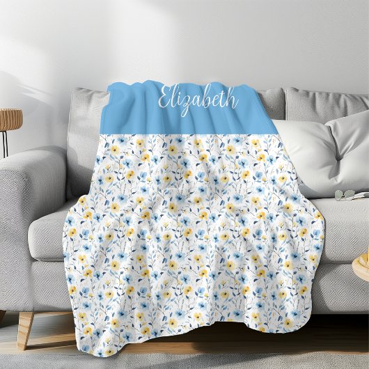 Blauw Geel Aquarel Wilde Bloem Naam Fleece Deken