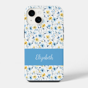 Blauw Geel Aquarel Wilde Bloem Naam iPhone 14 Hoesje