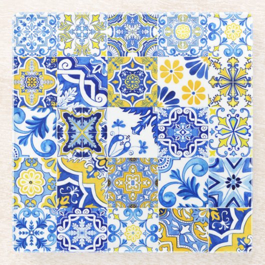 Blauw & Geel Azulejo Portugees Majolica Mozaïek Glazen Onderzetter (Voorkant)