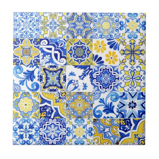 Blauw & Geel Azulejo Portugees Majolica Mozaïek Tegeltje (Voorkant)