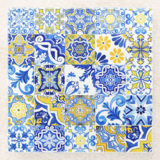 Blauw & Geel Azulejo Portugese Majolica Mozaïek Glazen Onderzetter