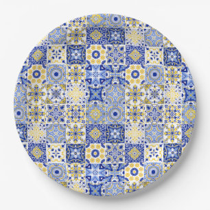 Blauw & Geel Azulejo Portugese Majolica Mozaïek Papieren Bordje