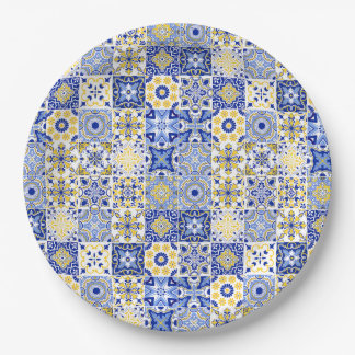 Blauw & Geel Azulejo Portugese Majolica Mozaïek Papieren Bordje