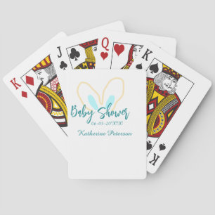 Blauw geel baby shower naam datum dier oor cute pokerkaarten