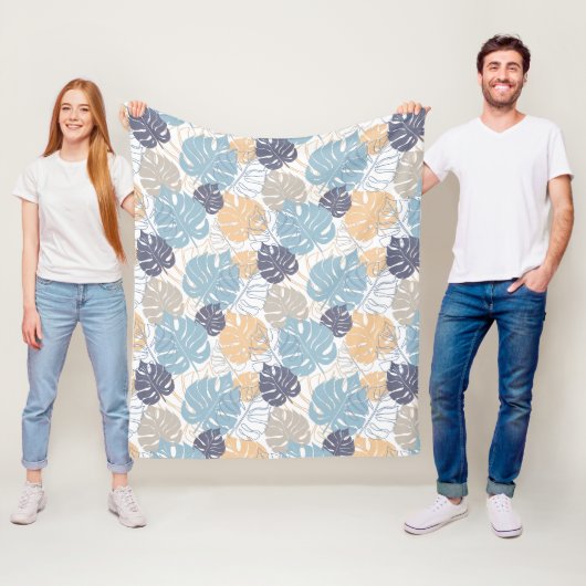 Blauw & geel bladerenpatroon fleece deken (In situ)