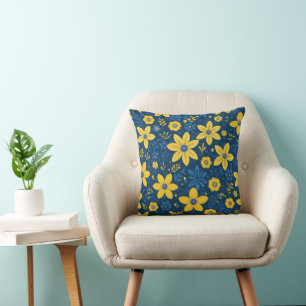 Blauw Geel Bloemen Eenvoudig Mooi Kussen