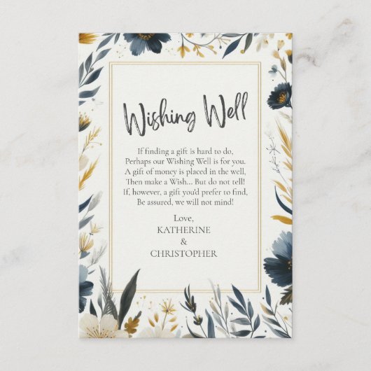 Blauw Geel Bloemen Elegant Bruiloft Wishing Well Informatiekaartje (Voorkant)