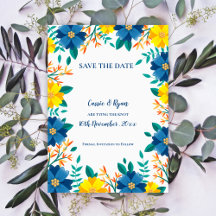  Blauw Geel Bloemen Huwelijk Save the Date