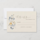  blauw geel bloemen minimalistische bruiloft RSVP kaartje (Voorkant)