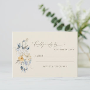 blauw geel bloemen minimalistische bruiloft RSVP kaartje