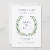 Blauw geel bloemen Save the Date foto uitnodiging (Voorkant)