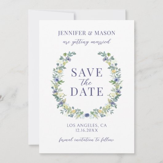 Blauw geel bloemen Save the Date foto uitnodiging (Voorkant)