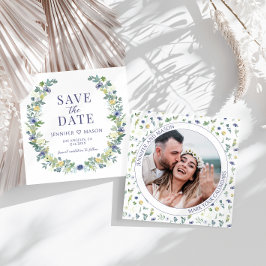 Blauw geel bloemen Save the Date foto uitnodiging