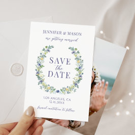 Blauw geel bloemen Save the Date foto uitnodiging