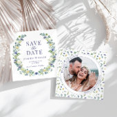 Blauw geel bloemen Save the Date foto uitnodiging