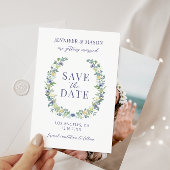 Blauw geel bloemen Save the Date foto uitnodiging