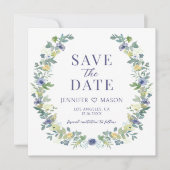 Blauw geel bloemen Save the Date foto uitnodiging (Voorkant)