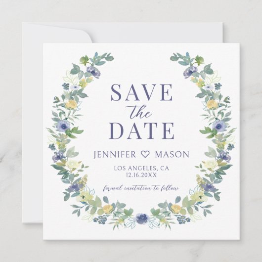 Blauw geel bloemen Save the Date foto uitnodiging (Voorkant)