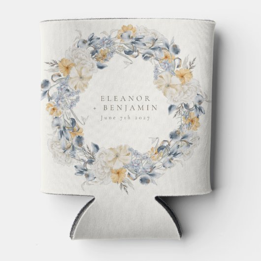 Blauw Geel Bloemen Waterverf Krans Bruiloft Blikjeskoeler (Voorkant)