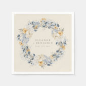 Blauw Geel Bloemen Waterverf Krans Bruiloft Servet (Voorkant)