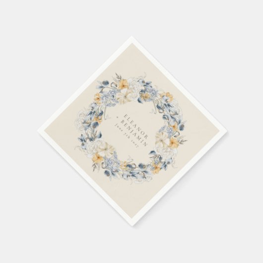 Blauw Geel Bloemen Waterverf Krans Bruiloft Servet (Hoek)