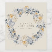 Blauw Geel Bloemen Waterverf Krans Bruiloft Wijn Etiket (Enkel label)
