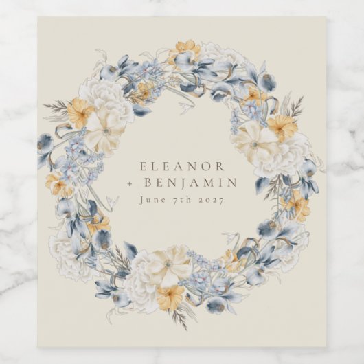 Blauw Geel Bloemen Waterverf Krans Bruiloft Wijn Etiket (Enkel label)