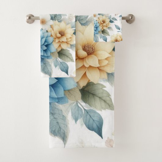Blauw Geel Bloemen Zachte Badkamer Handdoek Set va (Insitu)