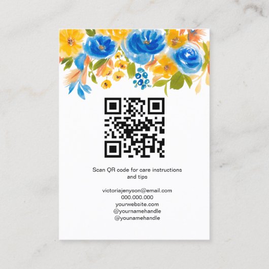 Blauw geel bloemenboho sieraden oorbel display visitekaartje (Achterkant)