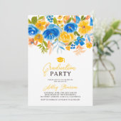 Blauw geel bloemenfoto waterverf afstuderen kaart (Staand voorkant)