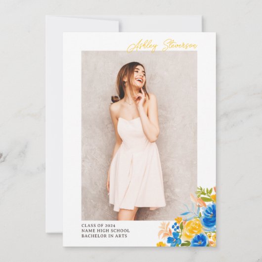 Blauw geel bloemenfoto waterverf afstuderen kaart (Achterkant)