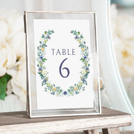 Blauw geel bloemenkrans bohemian rustieke bruiloft kaart