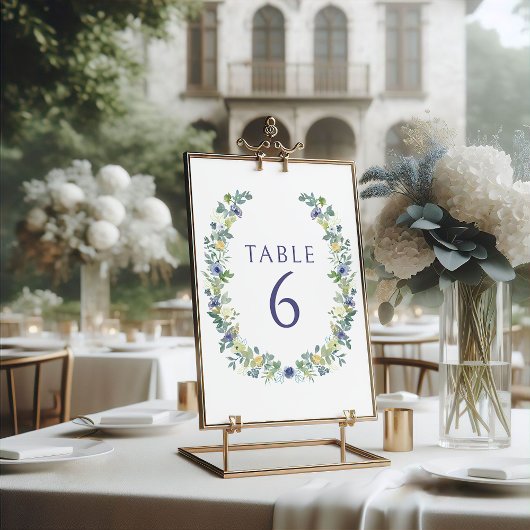 Blauw geel bloemenkrans bohemian rustieke bruiloft kaart