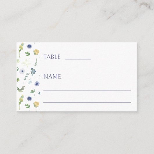 Blauw geel bloemenrustiek bruiloft Flat Place Card Plaatskaartje (Voorkant)