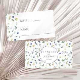 Blauw geel bloemenrustiek bruiloft Flat Place Card Plaatskaartje