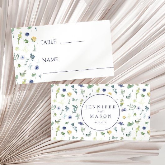 Blauw geel bloemenrustiek bruiloft Flat Place Card Plaatskaartje