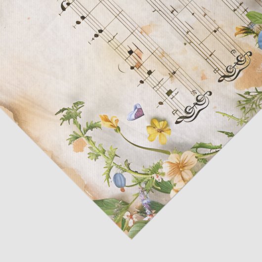 Blauw, geel bloemetjes  muziekblad ephemera tissuepapier (Detail)