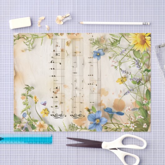 Blauw, geel bloemetjes  muziekblad ephemera tissuepapier (Craft)