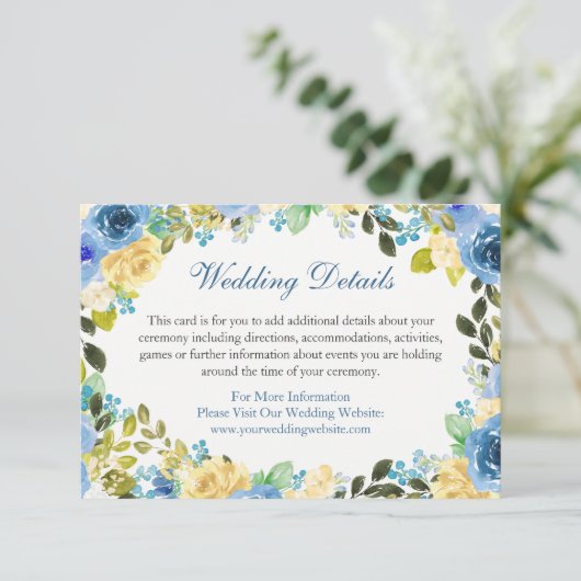 Blauw Geel Bloemig Trouwdetails Bijlagekaart Kaart (Staand voorkant)