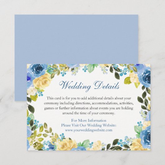 Blauw Geel Bloemig Trouwdetails Bijlagekaart Kaart (Voorkant / Achterkant)