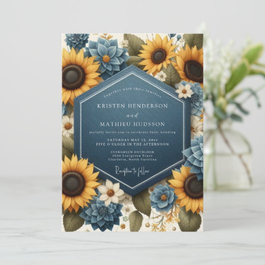 Blauw Geel Bloemige Herfst Bruiloft Kaart (Staand voorkant)