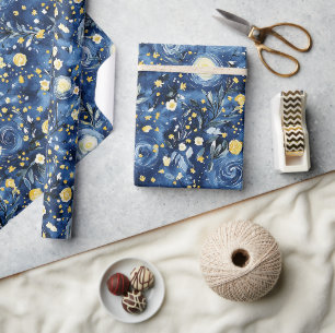 Blauw Geel Bloemige Verjaardag Cadeaupapier