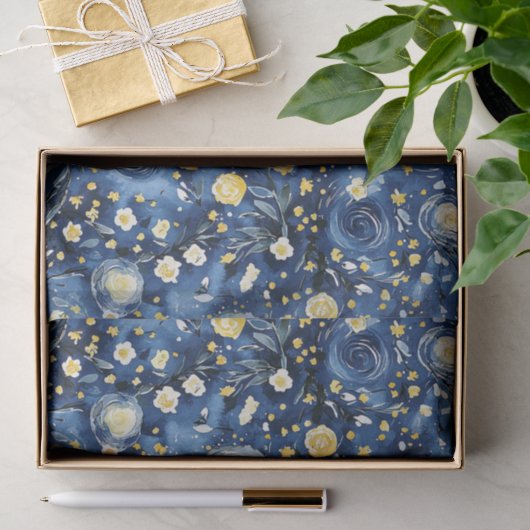 Blauw Geel Bloemmotief Tissuepapier (Geschenk)