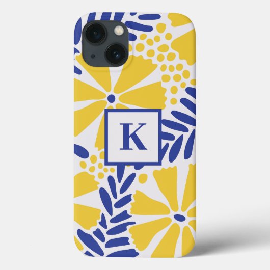 Blauw & Geel Bloempatroon Monogram Case-Mate iPhone Case (Achterkant)