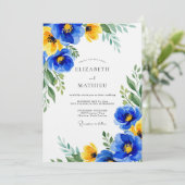 Blauw Geel Bloemrijk Bruiloftsontwerp Kaart (Staand voorkant)